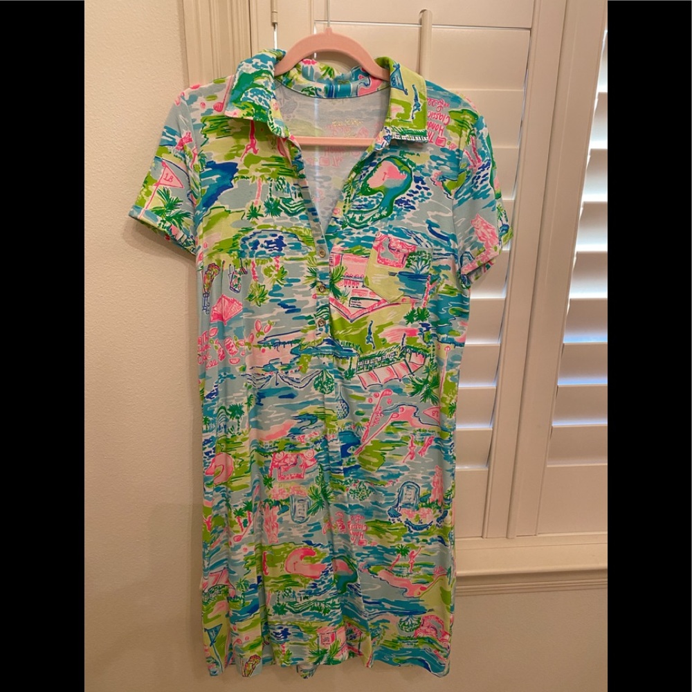 EUC Lilly Pulitzer pop up print for Honda Classic golf dress w gold buttons- Med